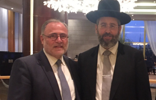 Chief-Rabbi-D-Lau-being-greeted-Mr-David-Blachamn
